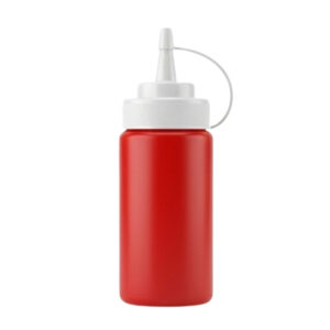 Salsero plástico rojo de 16 cm con tapa blanca y boquilla para dosificar salsas