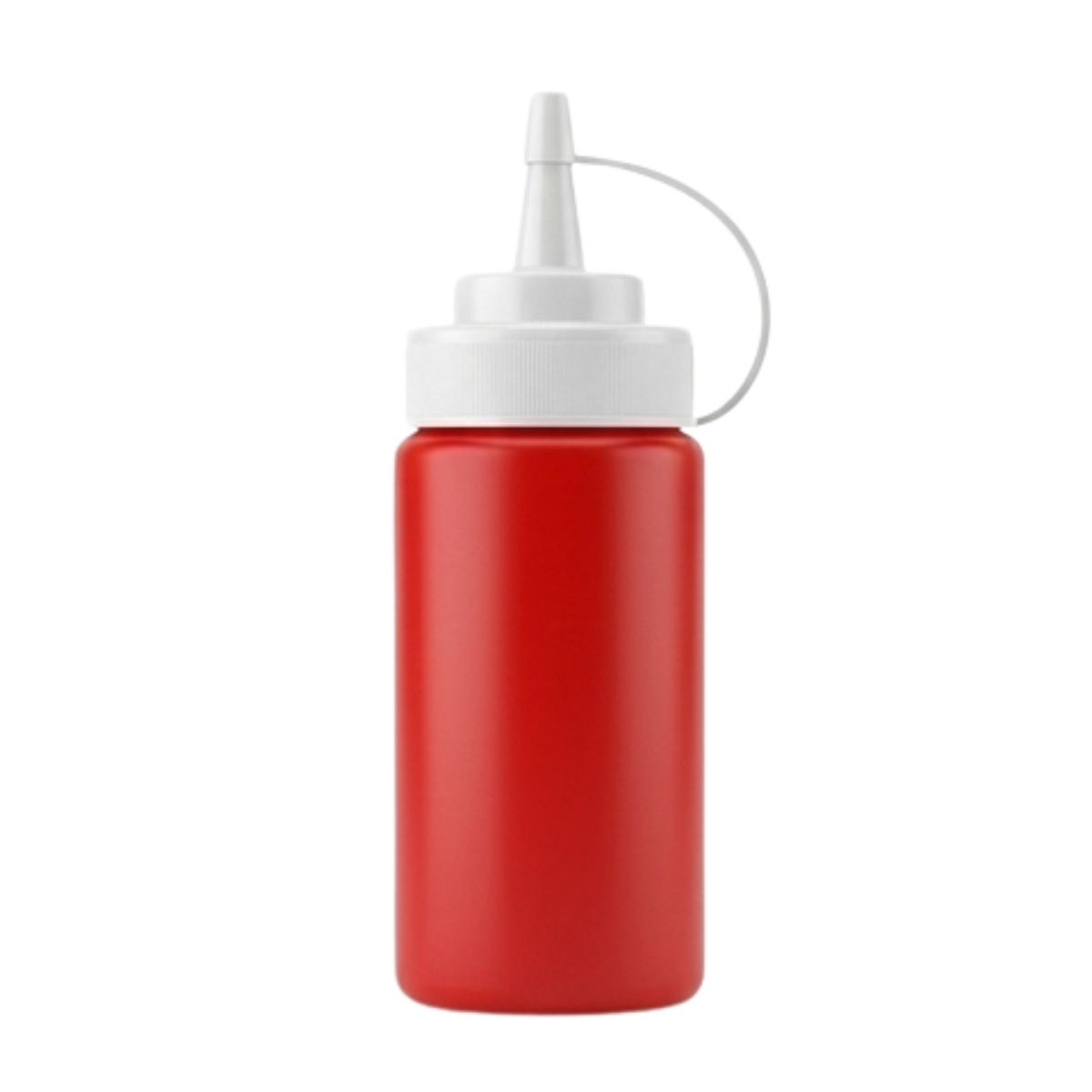 Salsero plástico rojo de 16 cm con tapa blanca y boquilla para dosificar salsas