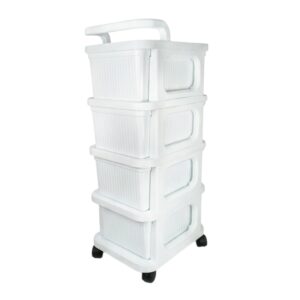 Cajonera plástica blanca multiusos con ruedas, varios niveles y asa superior para organización en el hogar