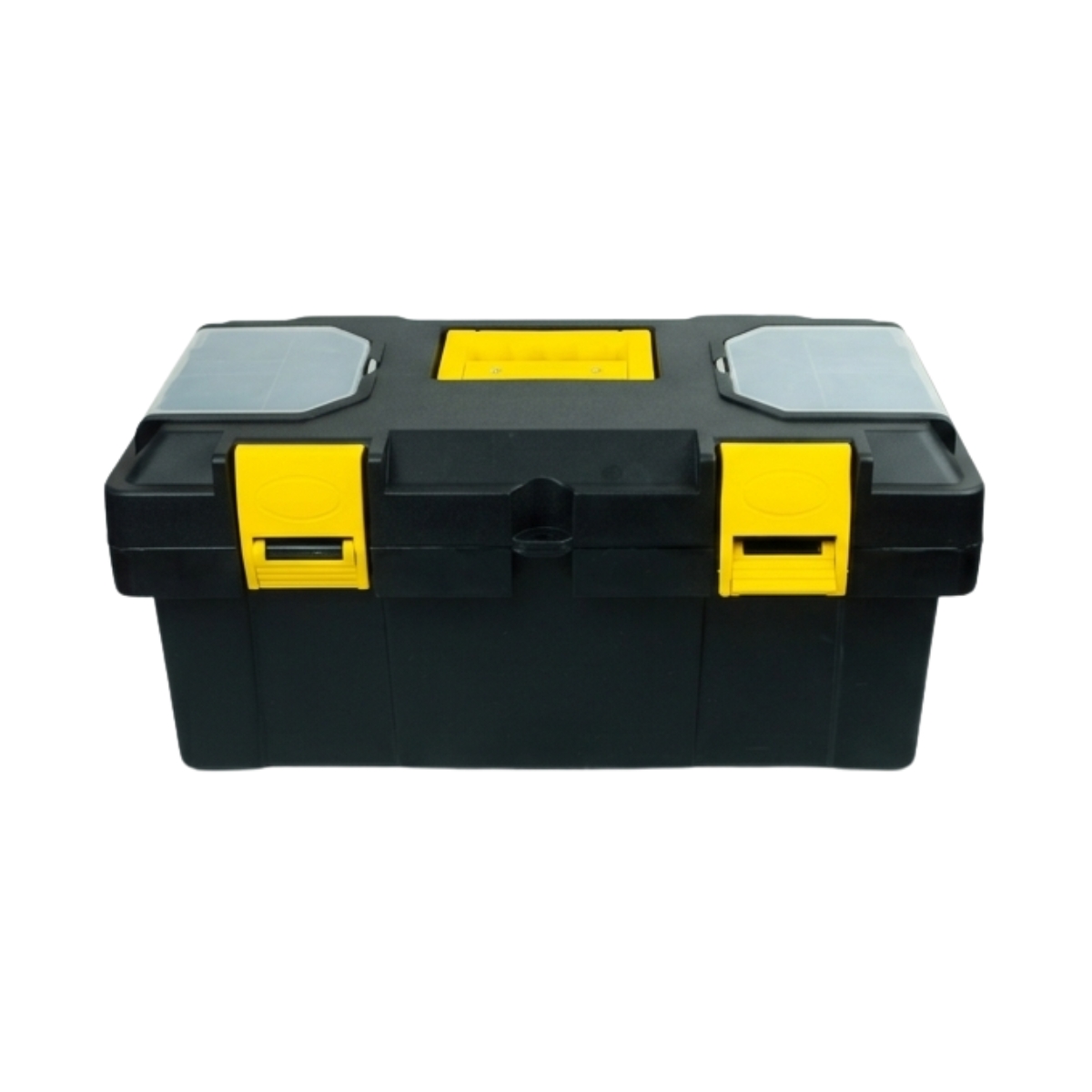 Caja plástica para herramientas con compartimentos superiores y cierres amarillos resistente para organización